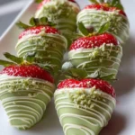 Matcha chocolate covered strawberries on a white plate