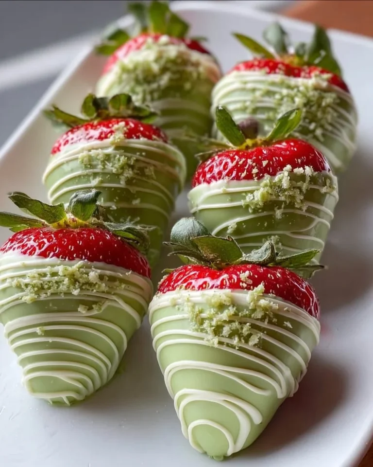Matcha chocolate covered strawberries on a white plate