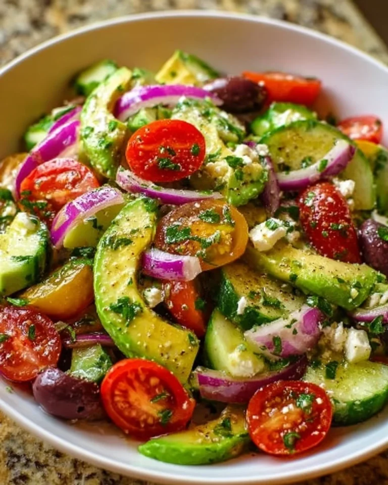 Mediterranean avocado salad with fresh vegetables and herbs