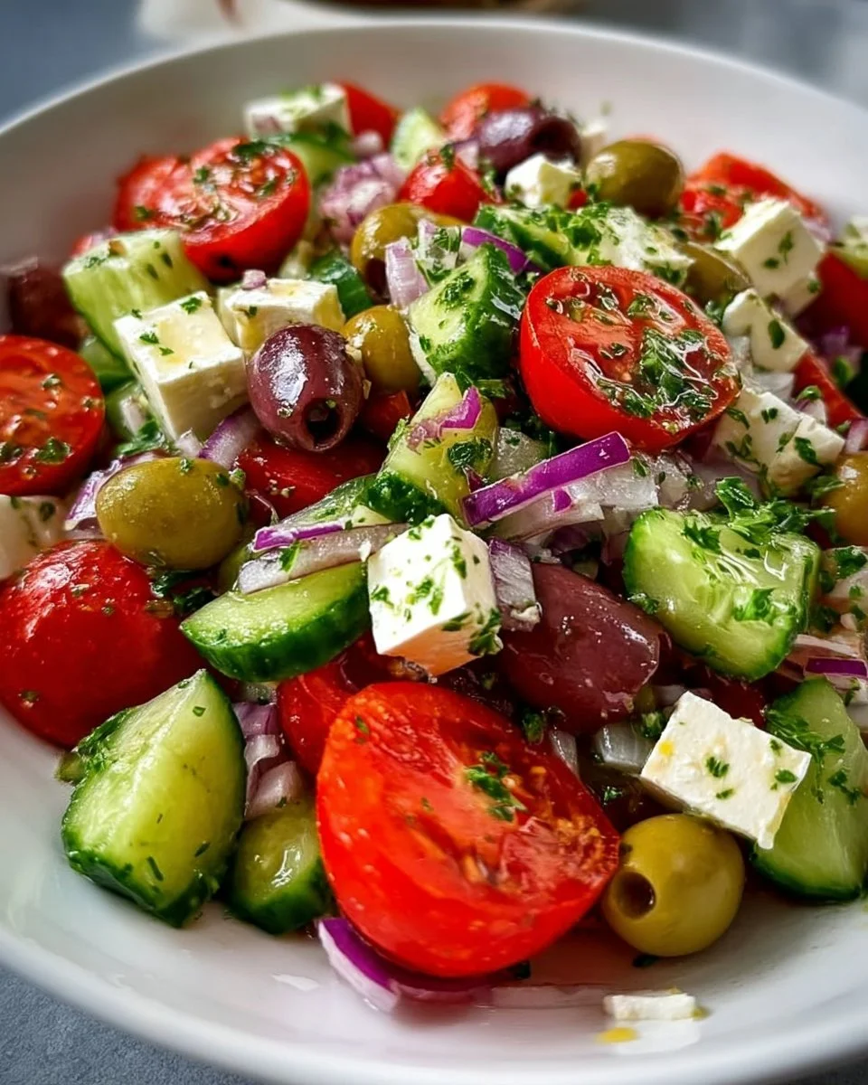Mediterranean Cucumber Tomato Feta Salad with fresh ingredients