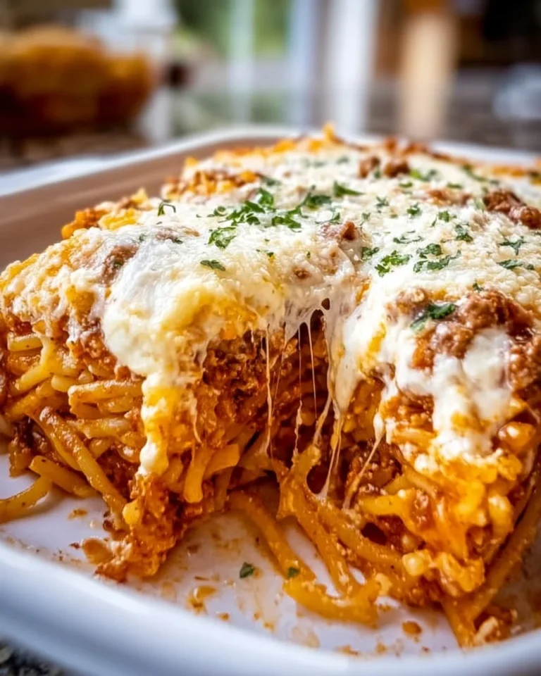 Delicious Million Dollar Spaghetti Casserole topped with cheese and herbs