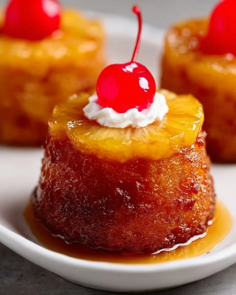 Mini pineapple upside down cakes displayed on a dessert platter