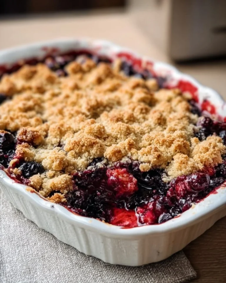 Freshly baked Mixed Berry Crumble served in a dish