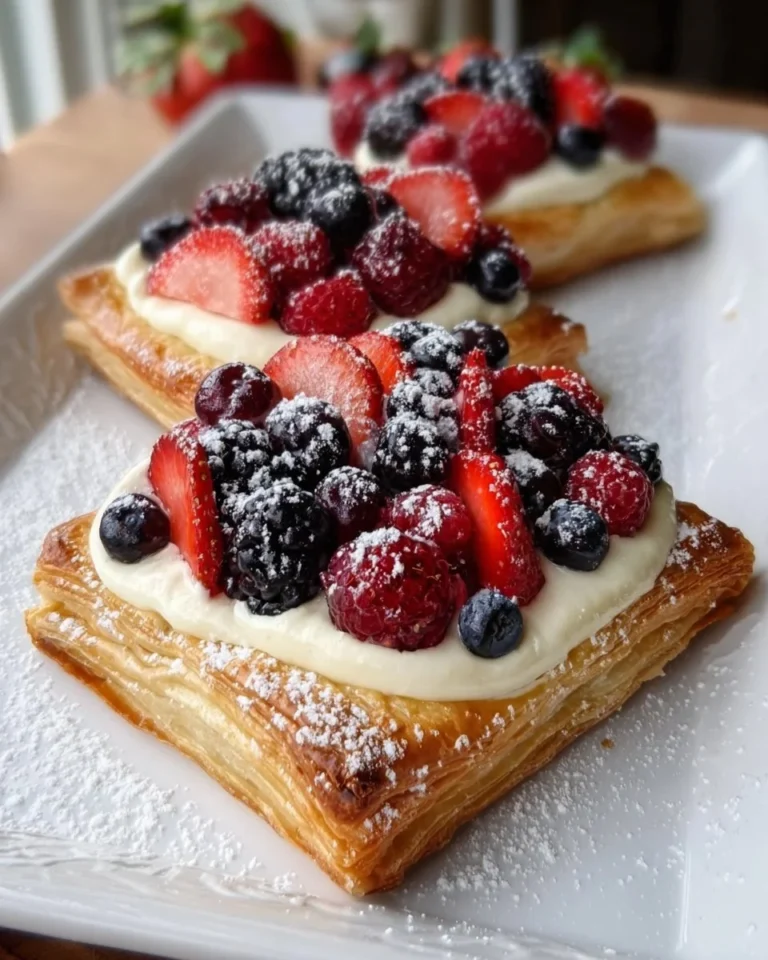 Freshly baked mixed berry pastry Danish with flaky puff pastry filling.