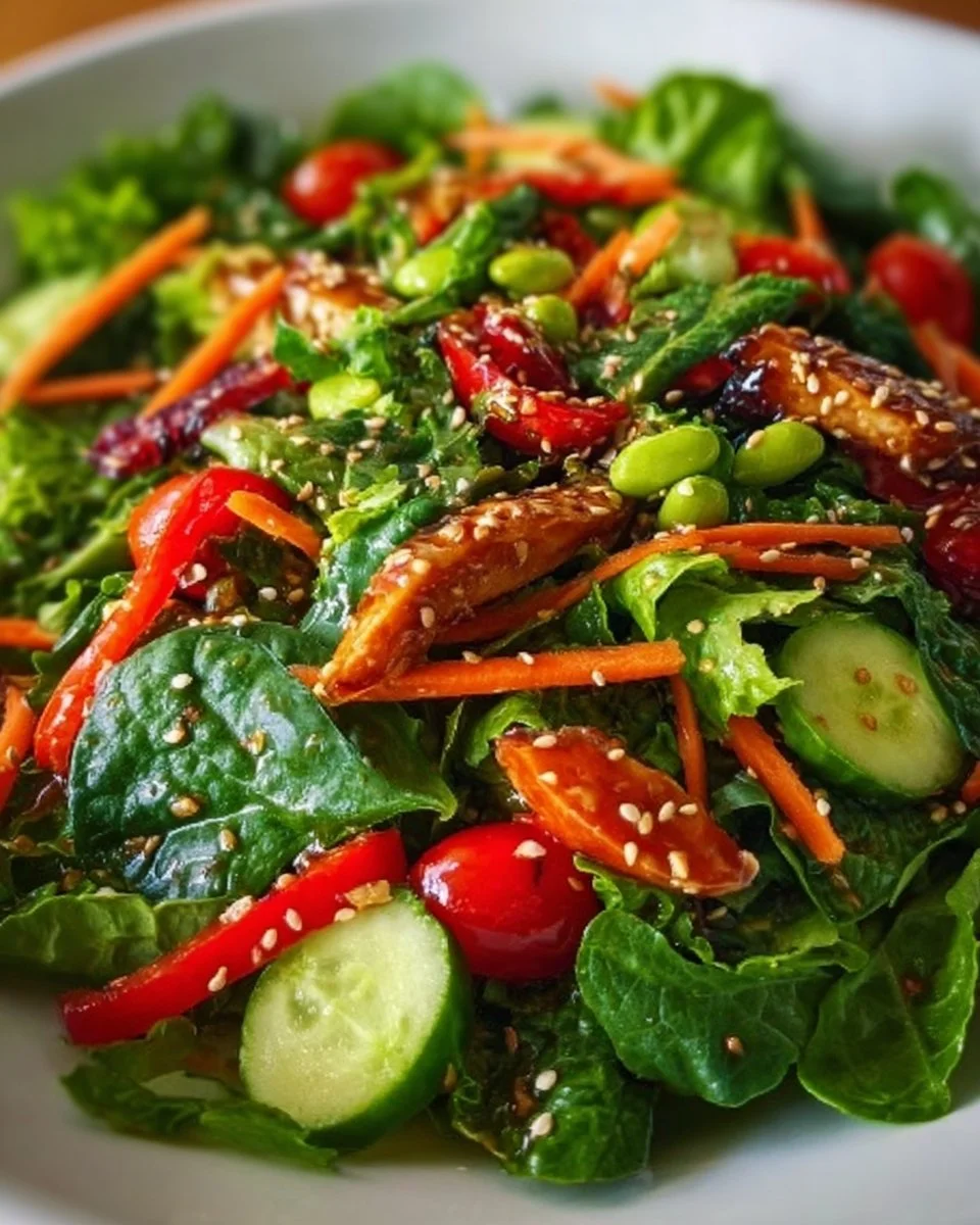 Mixed green salad drizzled with sesame ginger vinaigrette in a bowl.
