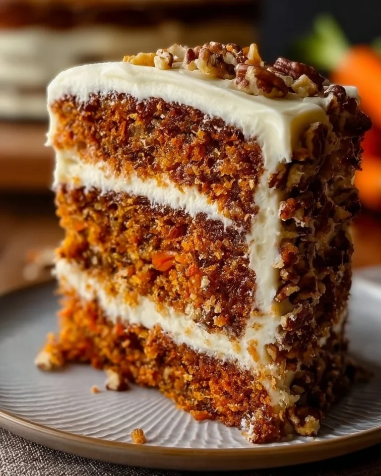 Moist carrot cake with cream cheese frosting on a plate