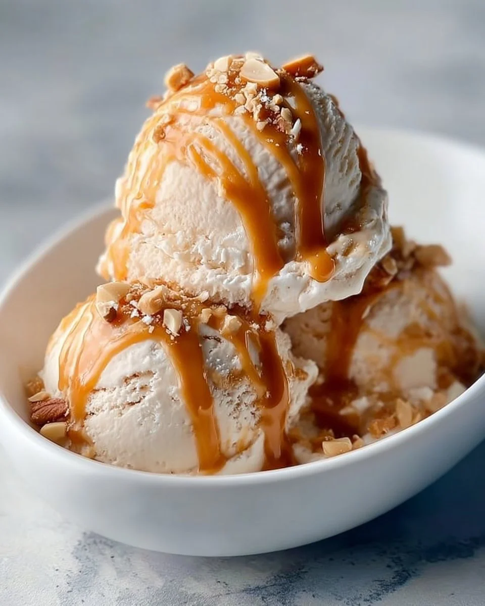 Homemade Ninja Creami salted caramel protein ice cream in a bowl