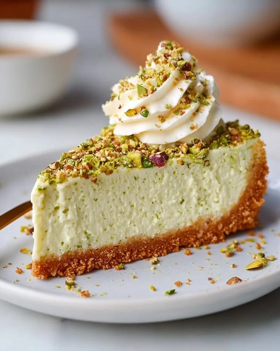 No-bake pistachio cheesecake topped with crushed pistachios and whipped cream