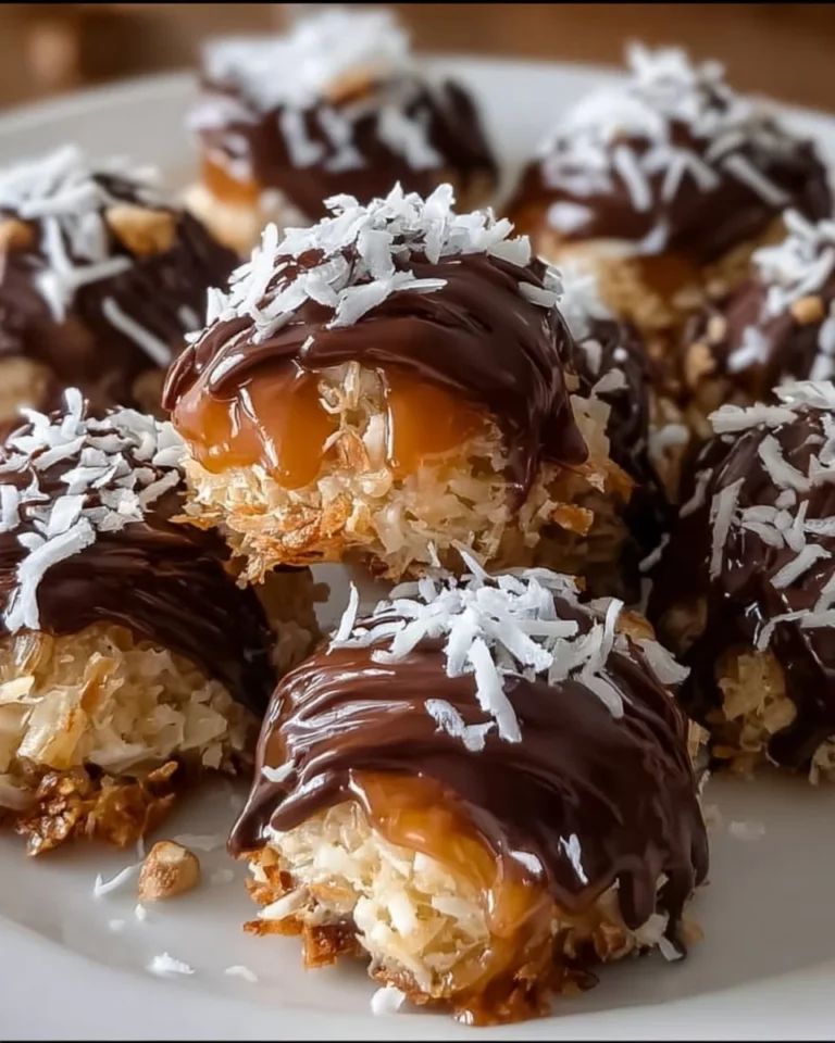 No-Bake Samoa Cookie Bites topped with chocolate and coconut, a delicious treat.