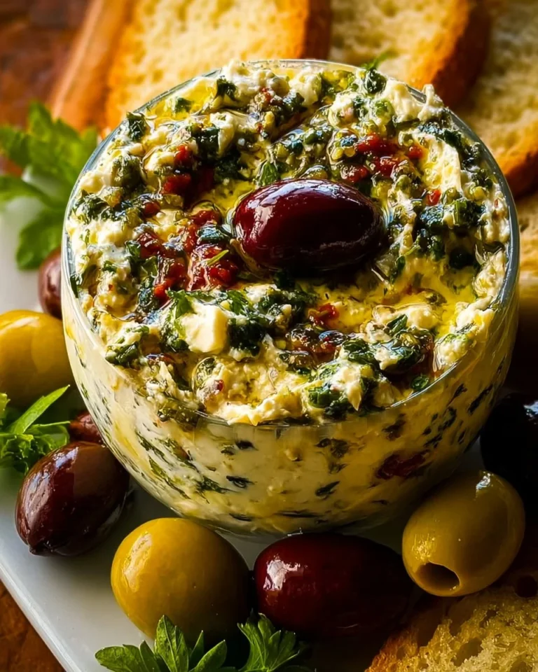 Delicious Olive Lovers Dream Dip served in a bowl with fresh herbs