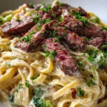 One Pan Pepper Jack Steak Alfredo dish with creamy sauce and tender steak
