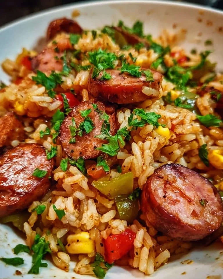 One Pan Smoky BBQ Sausage Rice dish in a skillet, garnished with fresh herbs.