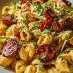 One Pot Garlic Butter Cajun Sausage Mac served in a bowl with herbs