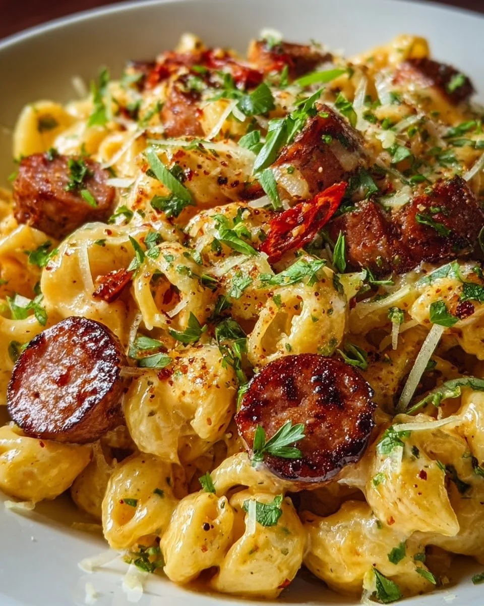One Pot Garlic Butter Cajun Sausage Mac served in a bowl with herbs