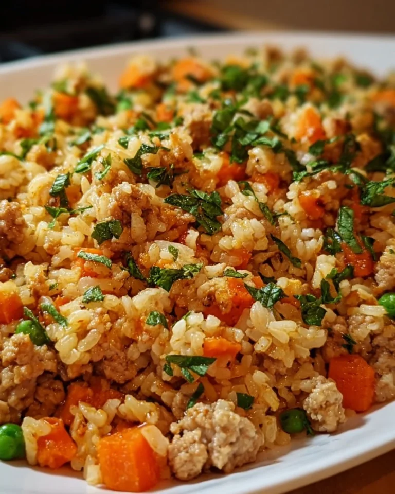 One-Pot Turkey and Rice dish served in a bowl with fresh herbs on top