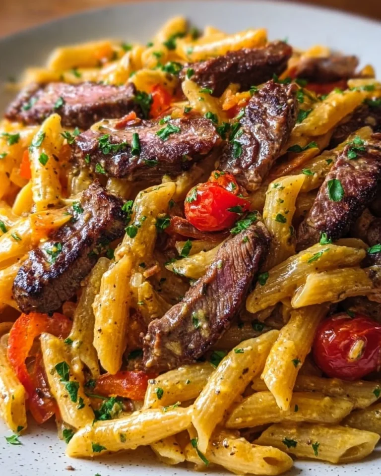 One Skillet Spicy Cajun Cheddar Steak Pasta with fresh ingredients