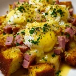 Delicious Overnight Eggs Benedict Casserole topped with hollandaise sauce