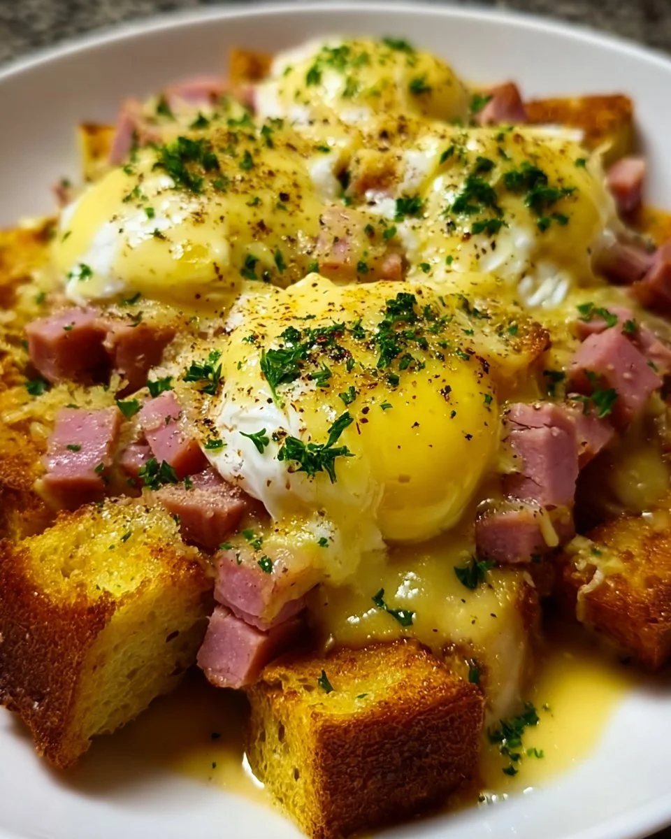 Delicious Overnight Eggs Benedict Casserole topped with hollandaise sauce