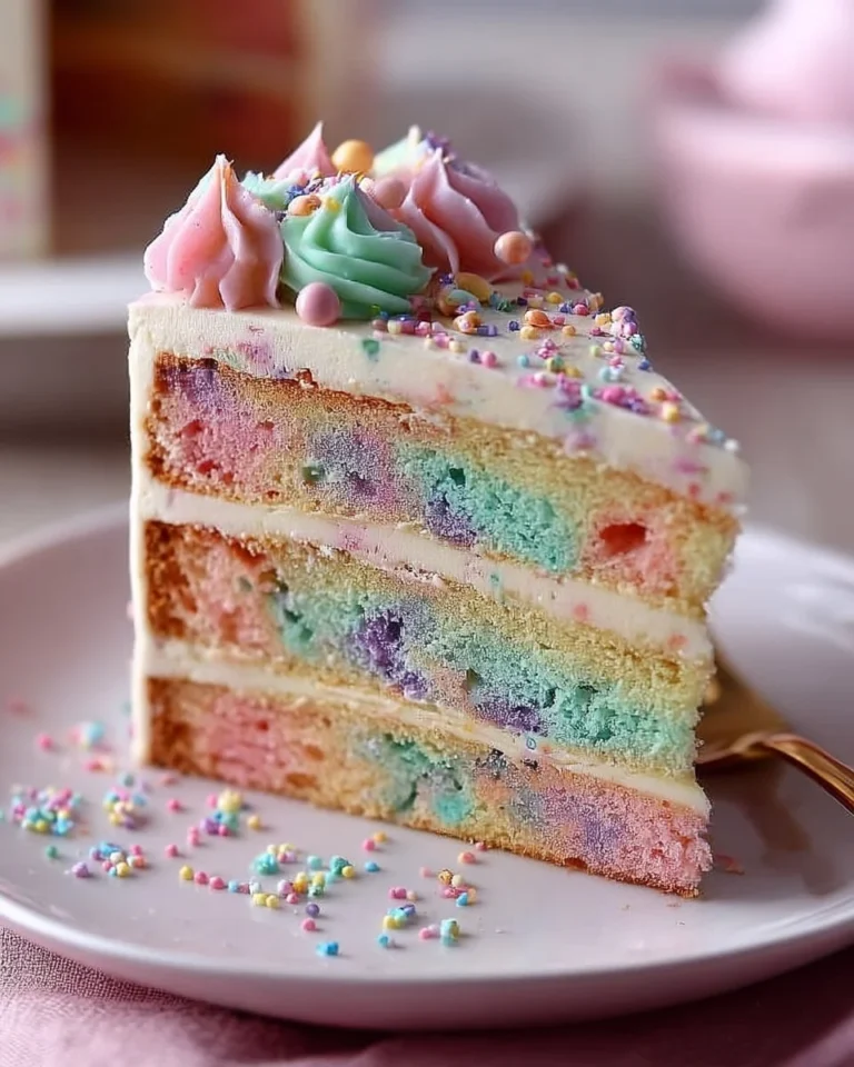 Pastel Confetti Layer Cake with colorful sprinkles and whipped frosting