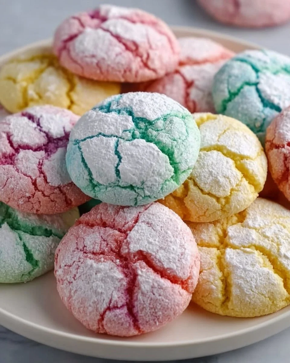 Tray of pastel crinkle cookies dusted with powdered sugar, perfect for spring treats.