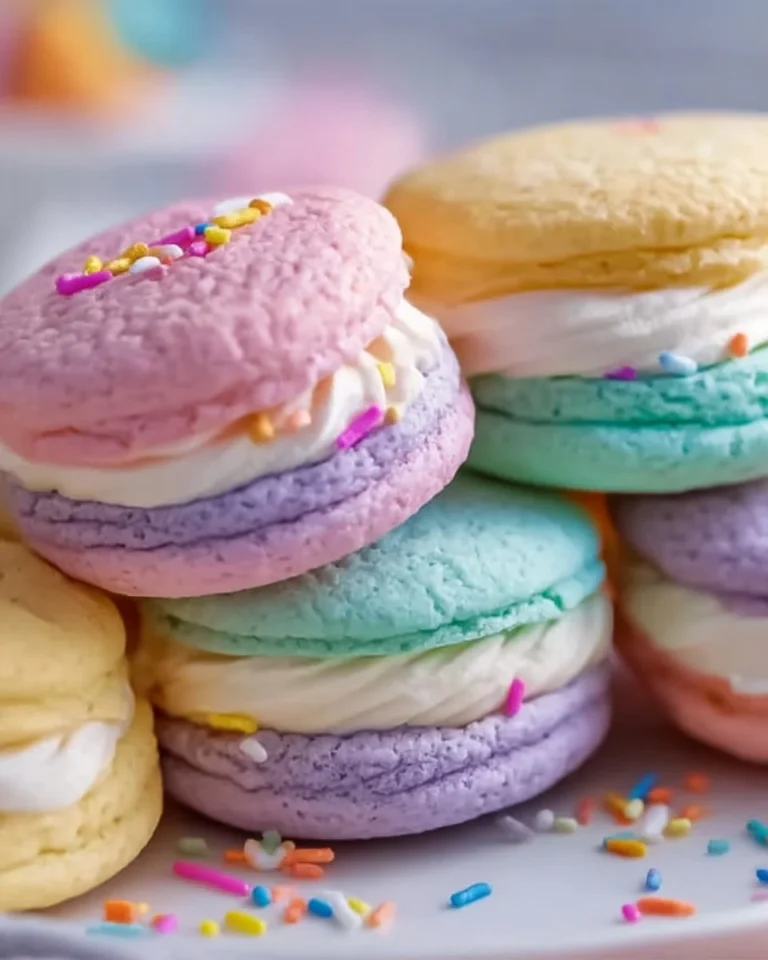 Pastel colored sugar cookie sandwiches filled with creamy frosting