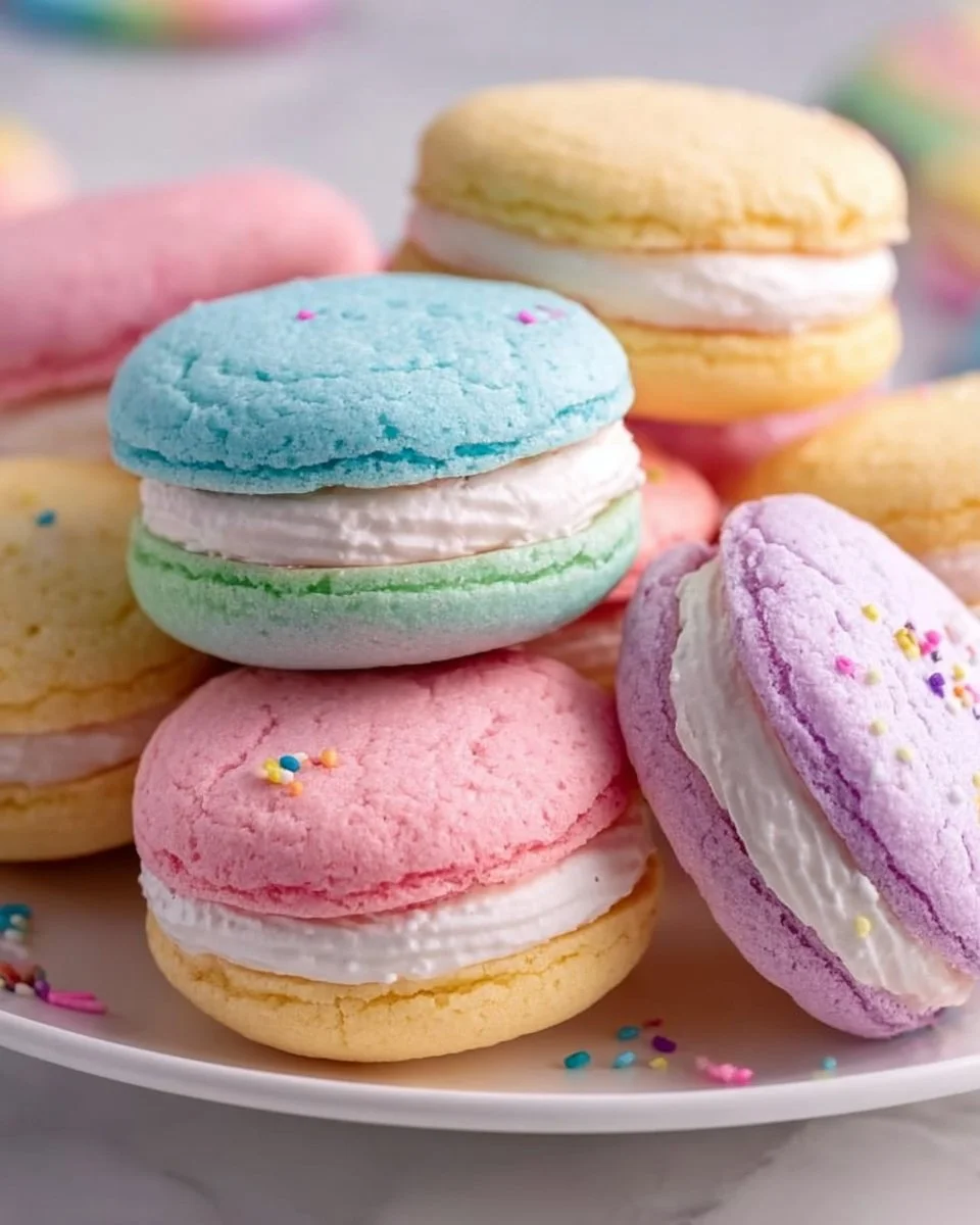 Colorful pastel sugar cookie sandwiches with creamy filling