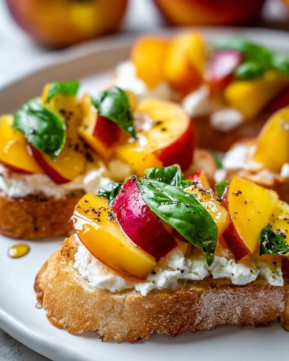 Delicious Peach Bruschetta with Goat Cheese and Honey on toasted bread