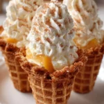 Delicious Peach Cobbler Cheesecake Cones topped with fresh peach slices.