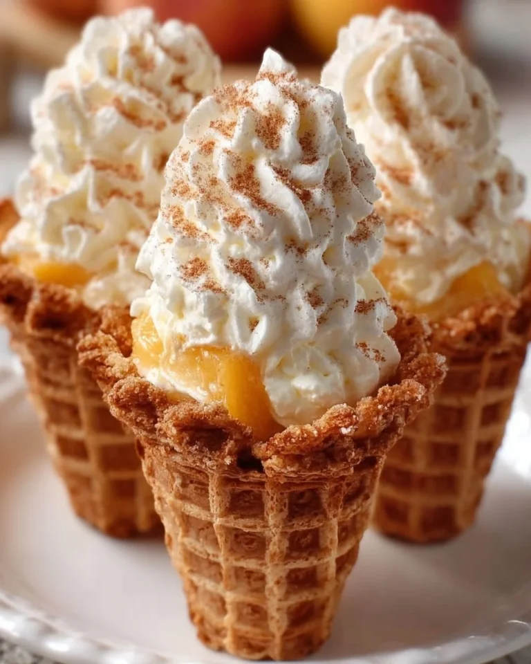 Delicious Peach Cobbler Cheesecake Cones topped with fresh peach slices.
