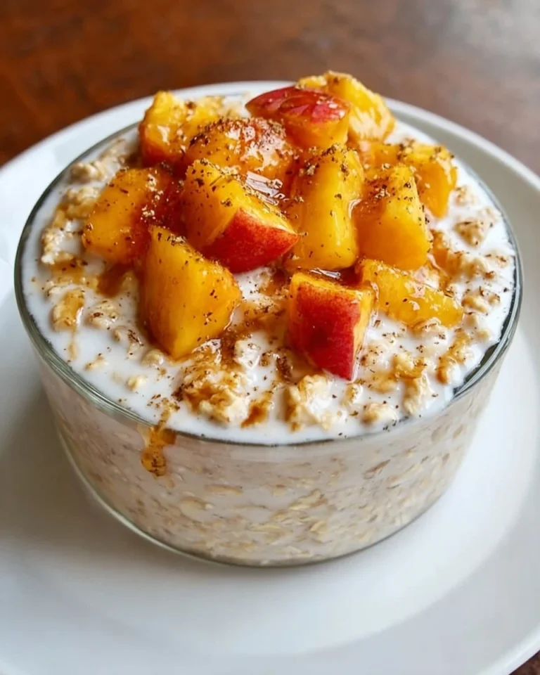 Bowl of peach cobbler overnight oats topped with fresh peaches and granola