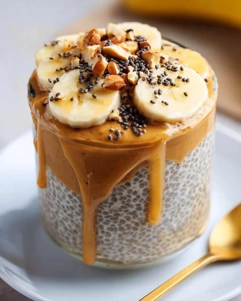 Peanut butter banana chia pudding topped with slices of banana and peanut butter drizzle