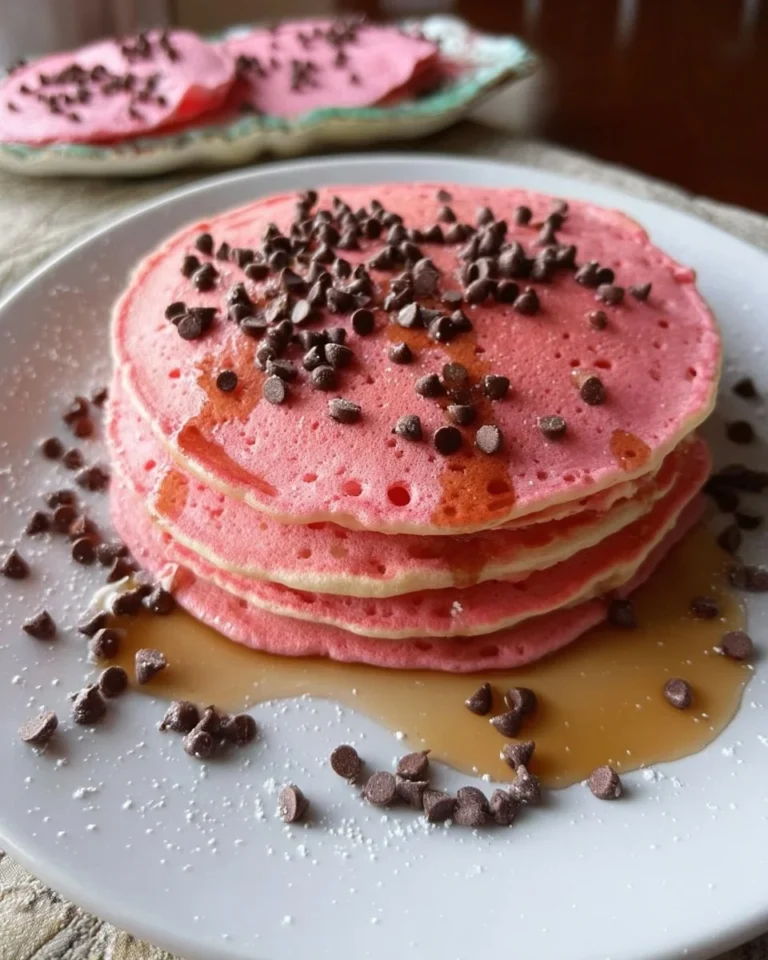 Stack of pink chocolate chip pancakes topped with chocolate chips and syrup