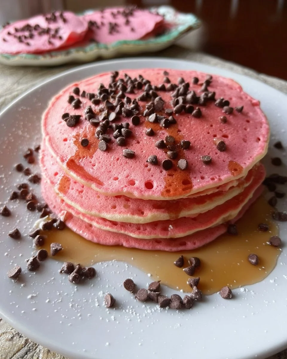 Stack of pink chocolate chip pancakes topped with chocolate chips and syrup