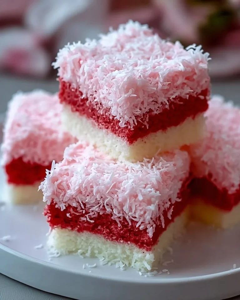 Pink Coconut Snowball Cake Bars with coconut and frosting on a plate