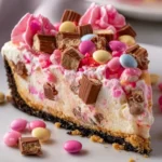 Delicious Pink M&M Snickers Cheesecake topped with colorful M&M's and Snickers pieces.