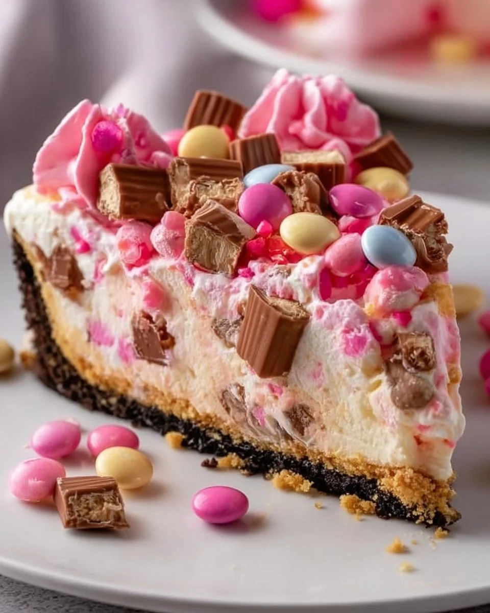 Delicious Pink M&M Snickers Cheesecake topped with colorful M&M's and Snickers pieces.