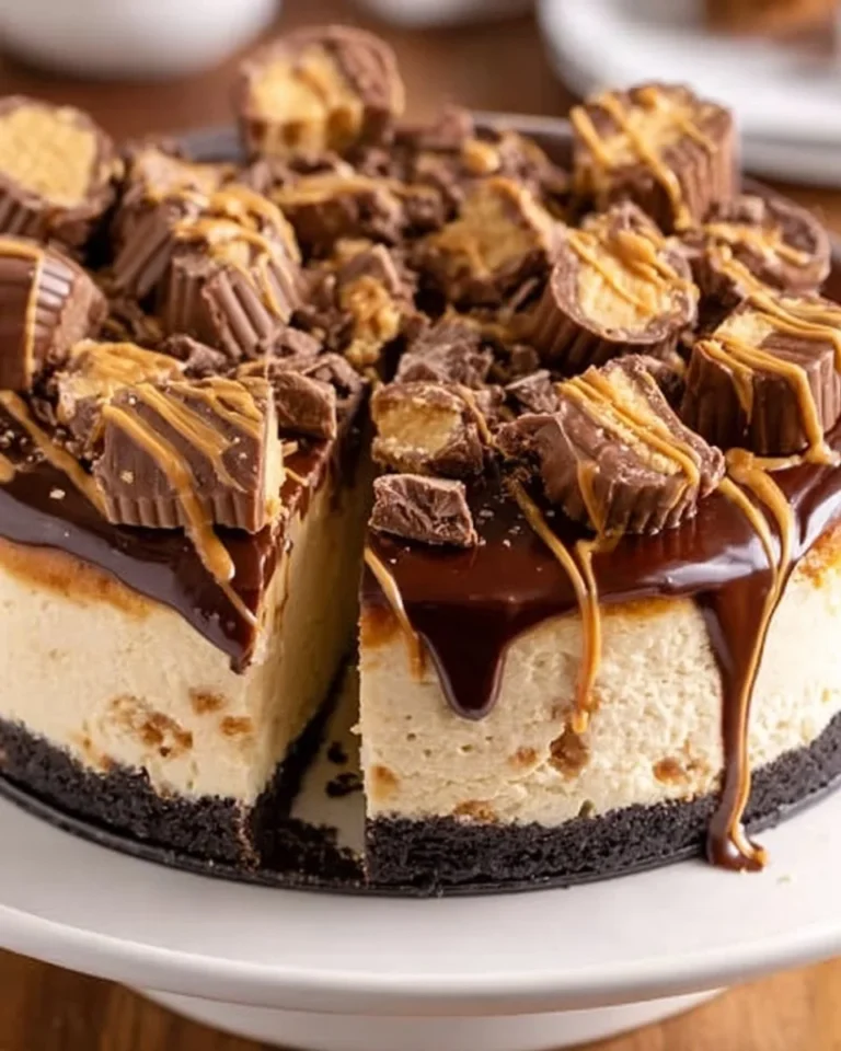 Delicious Reese's Peanut Butter Cheesecake with creamy peanut butter and chocolate