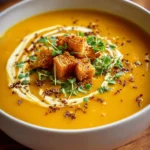 Bowl of creamy roasted butternut squash soup topped with herbs and pumpkin seeds