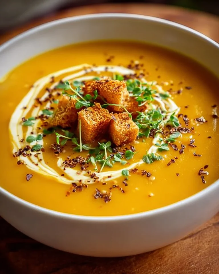 Bowl of creamy roasted butternut squash soup topped with herbs and pumpkin seeds