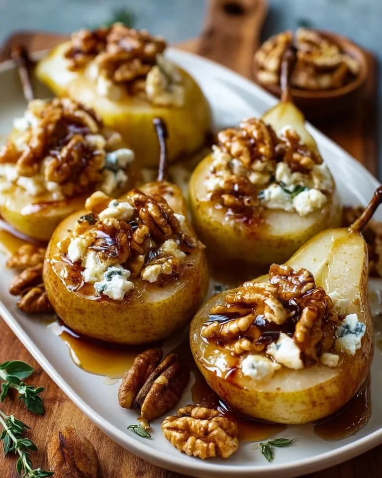 Delicious roasted pears topped with goat cheese and a maple walnut drizzle