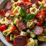 Salami-Mozzarella Tortellini Pasta Salad served in a bowl