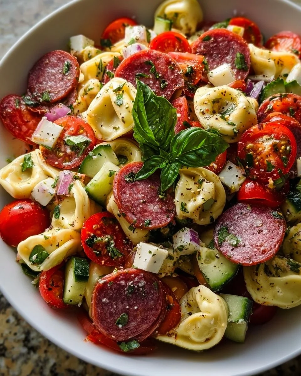 Salami-Mozzarella Tortellini Pasta Salad served in a bowl