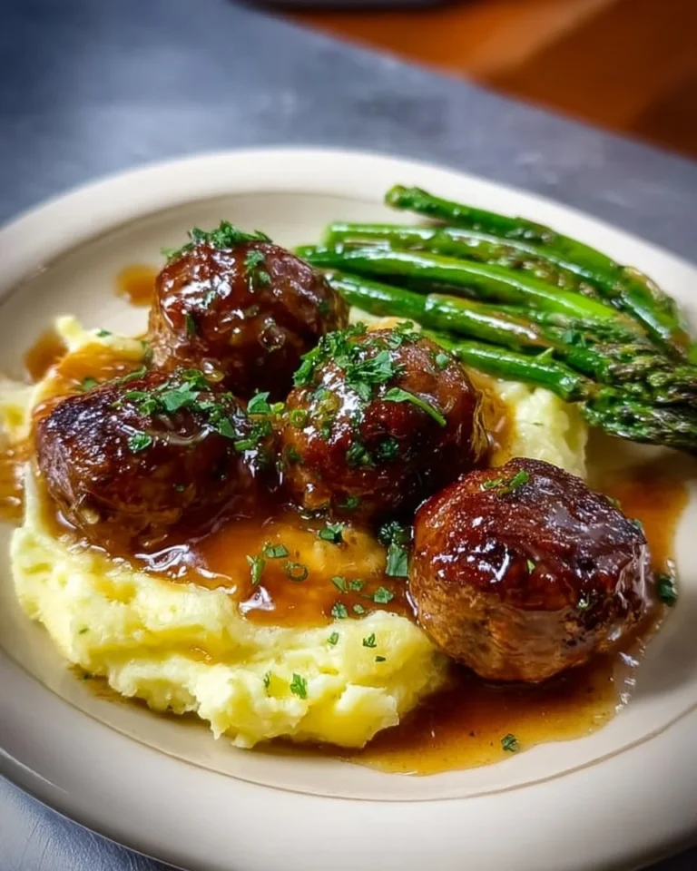 Salisbury steak meatballs with asparagus and mashed potatoes on a plate