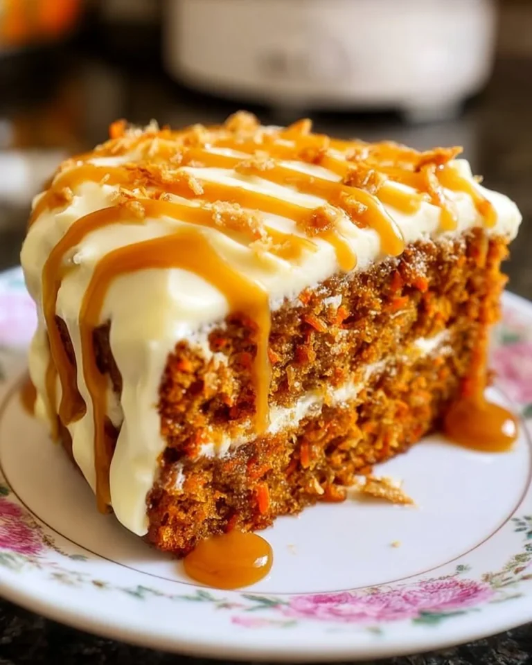 Slice of salted caramel carrot cake with frosting and garnish