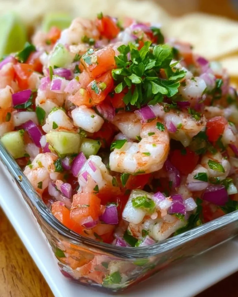 Fresh shrimp ceviche garnished with lime and cilantro in a bowl