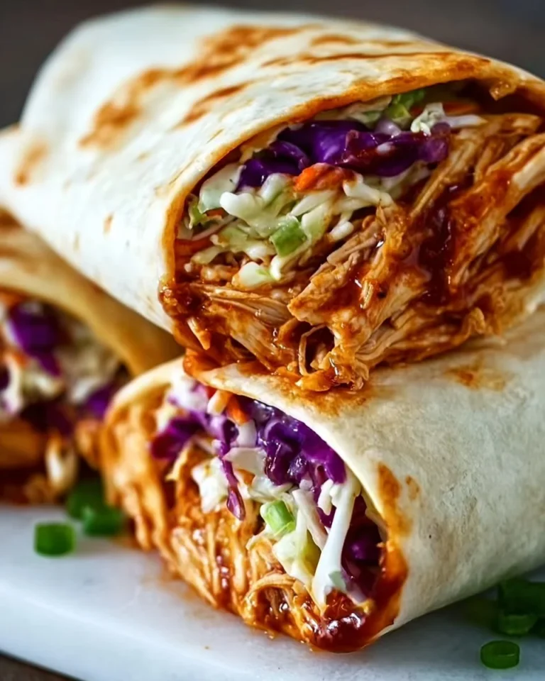Smoky BBQ Chicken Coleslaw Wraps served on a wooden table.