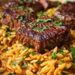Smoky Buffalo Garlic Butter Steak and orzo skillet prepared with fresh ingredients