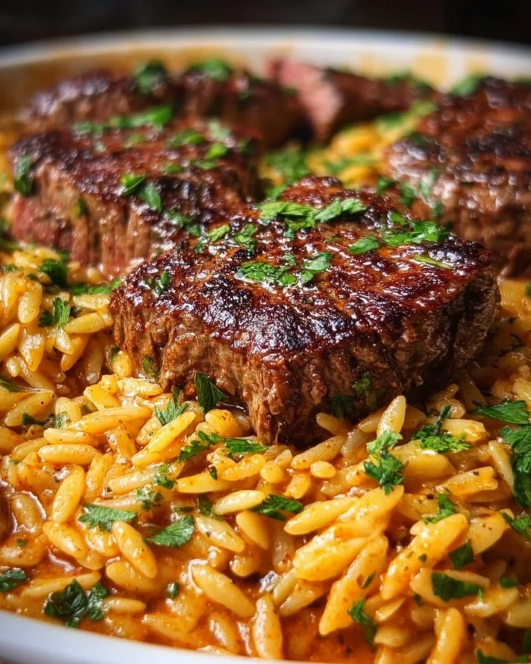 Smoky Buffalo Garlic Butter Steak and orzo skillet prepared with fresh ingredients