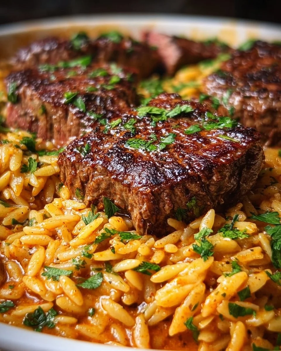 Smoky Buffalo Garlic Butter Steak and orzo skillet prepared with fresh ingredients