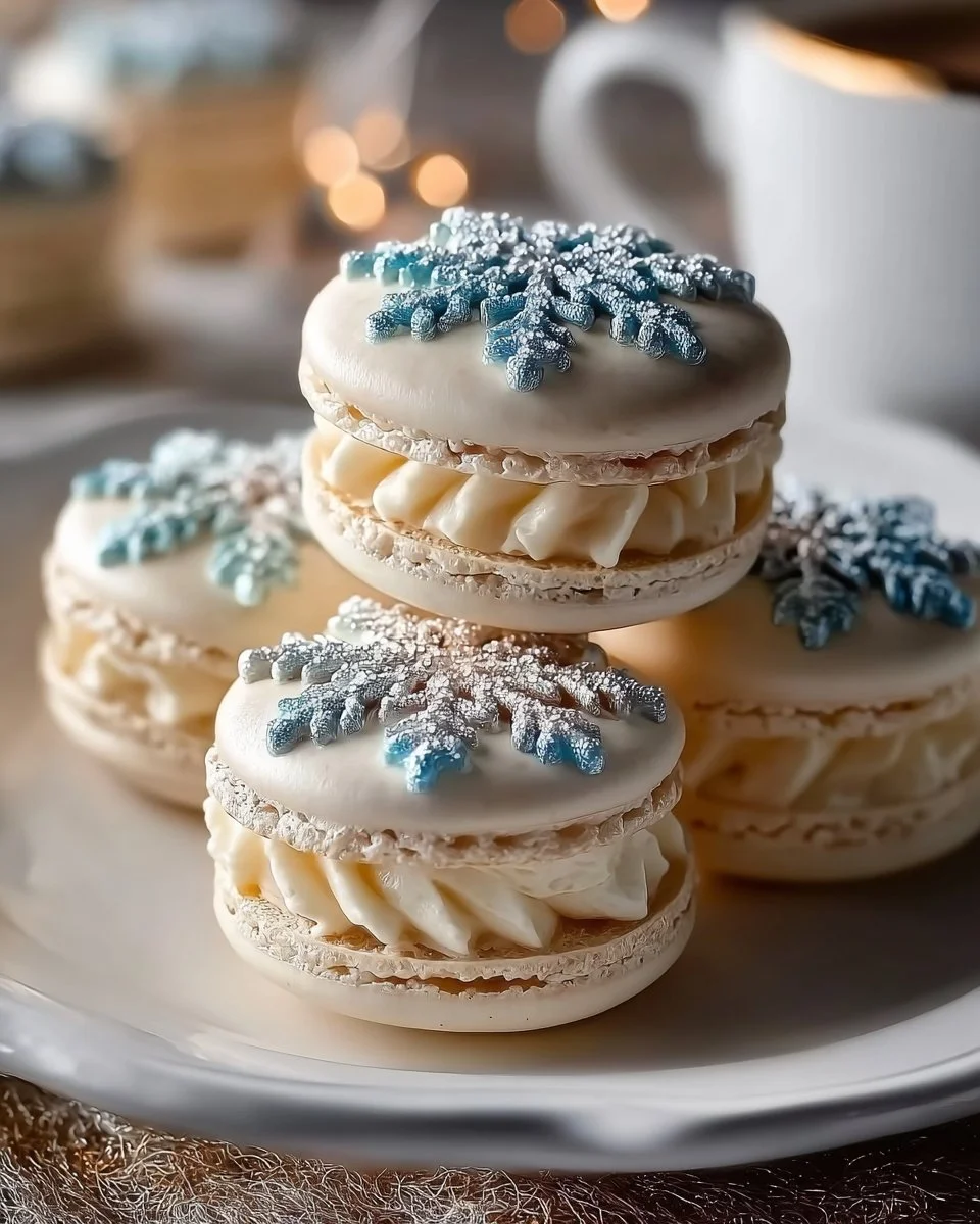 Delicious and beautifully designed Snowflake Macarons on a festive display.